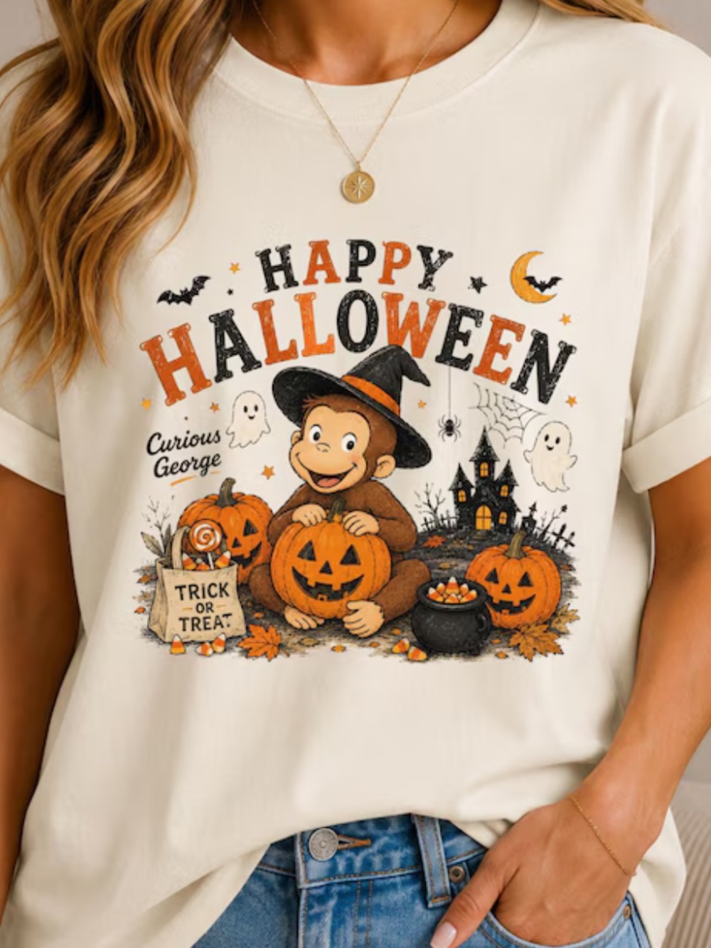 Halloween Shirt, Gildan Off White Curious George Tee, Trick or Treat
